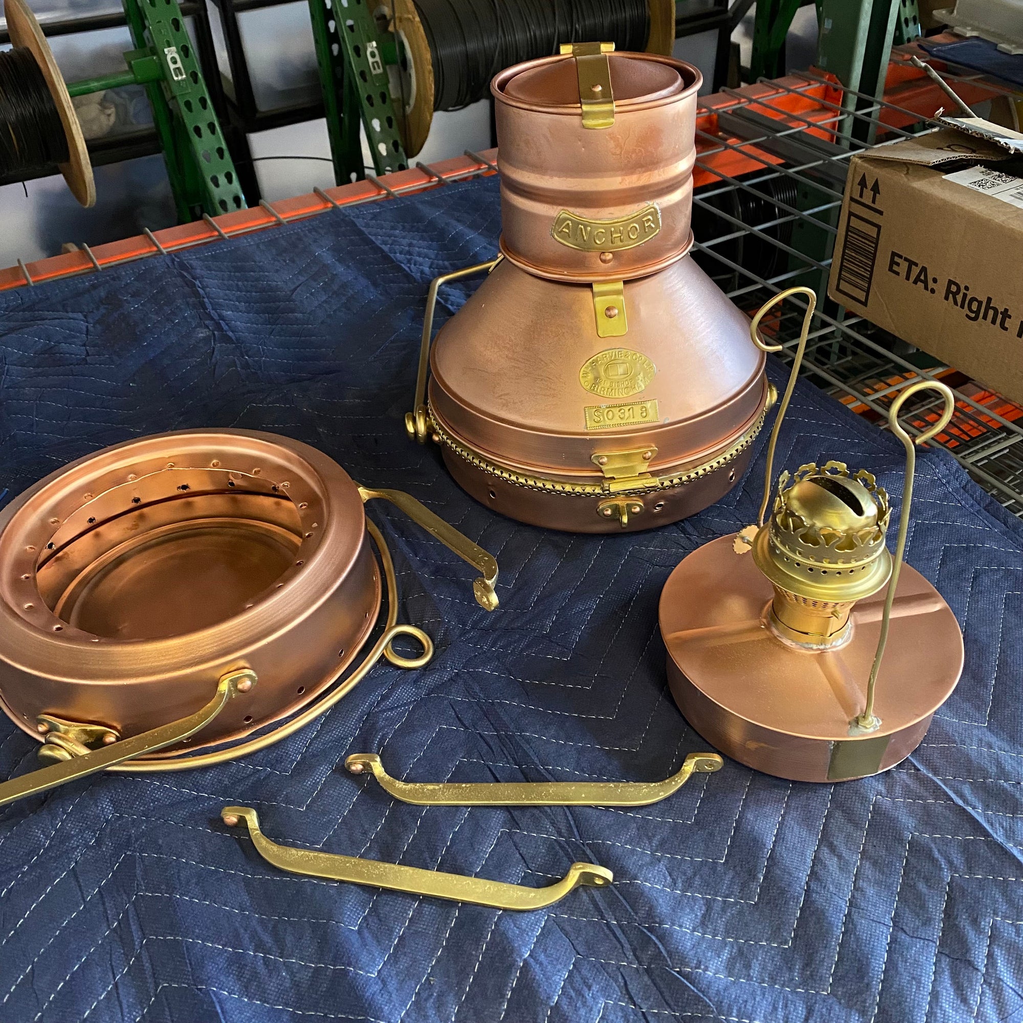 Brass boat lantern wet blasted before and after