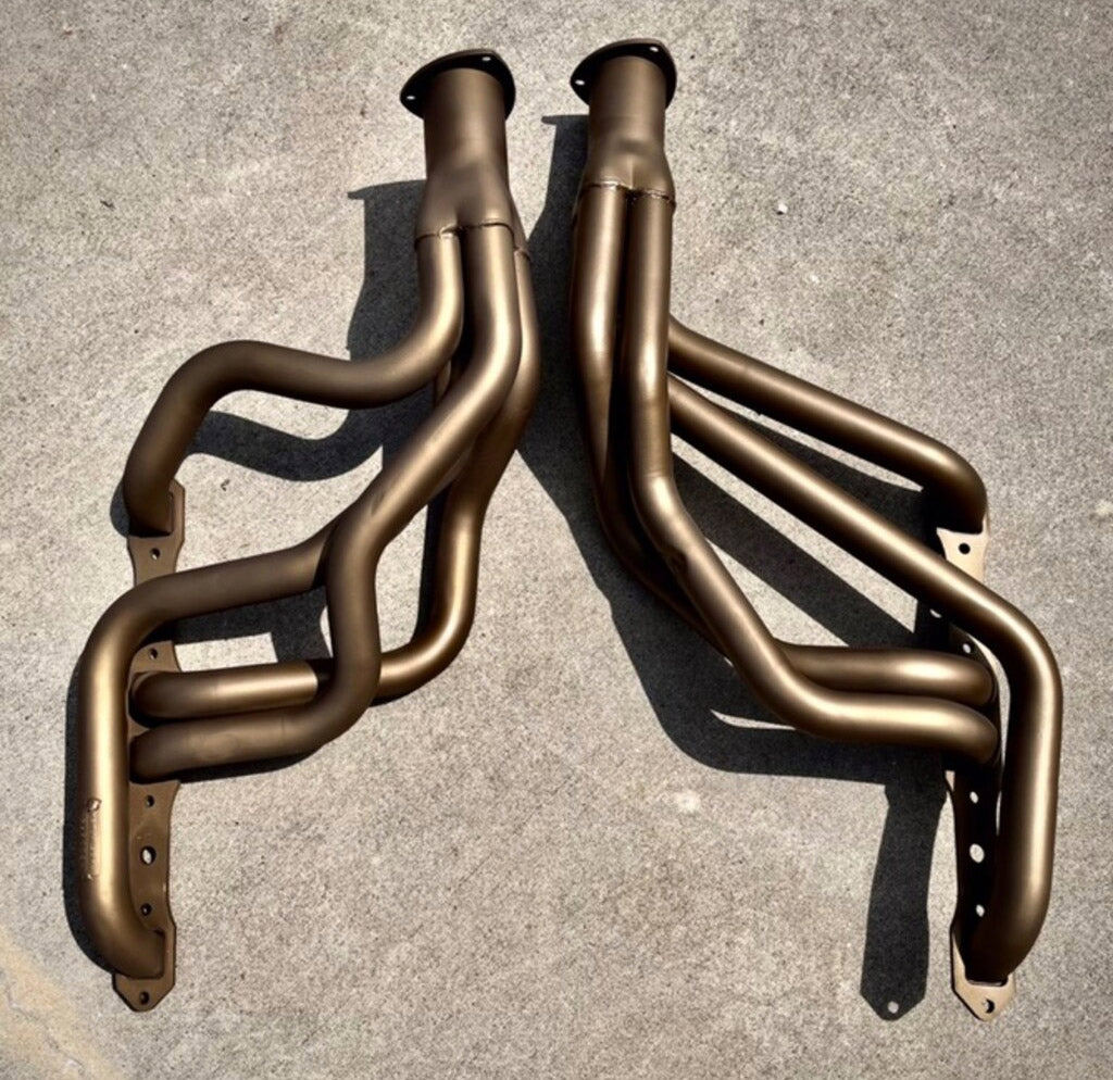 Chevrolet long tube headers ceramic coated with Cerakote C Series Burnt Bronze